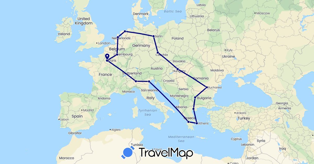 TravelMap itinerary: driving in Bulgaria, Czech Republic, Germany, France, Greece, Hungary, Italy, Netherlands, Romania (Europe)
